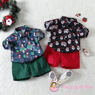 Babygarden-1-5 ปี ชุดเสื้อเชิ้ต แขนสั้น คอปก พิมพ์ลายซานต้าคลอส และกางเกงขาสั้น สีพื้น สําหรับเด็กผู้ชาย 2 ชิ้น