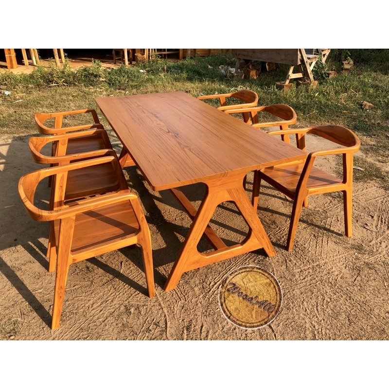 โต๊ะอาหารไม้สักทอง-100-ส่งฟรี-รหัส-t10-ยาว-200-กว้าง-90-สูง-80-cm-พร้อมเก้าอี้-6-ตัว-ส่งฟรี-ยกเว้นอีสานและใต้