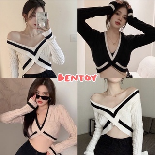 Bentoy(8424)เสื้อครอปแขนยาวไหมพรม ดีเทลหน้าวี เอวลอย เก๋ๆ