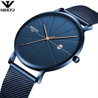 Nibosi นาฬิกาผู้ชาย นาฬิกา นาฬิกาข้อมือสายสแตนเลสสีฟ้าสำหรับผู้ชาย