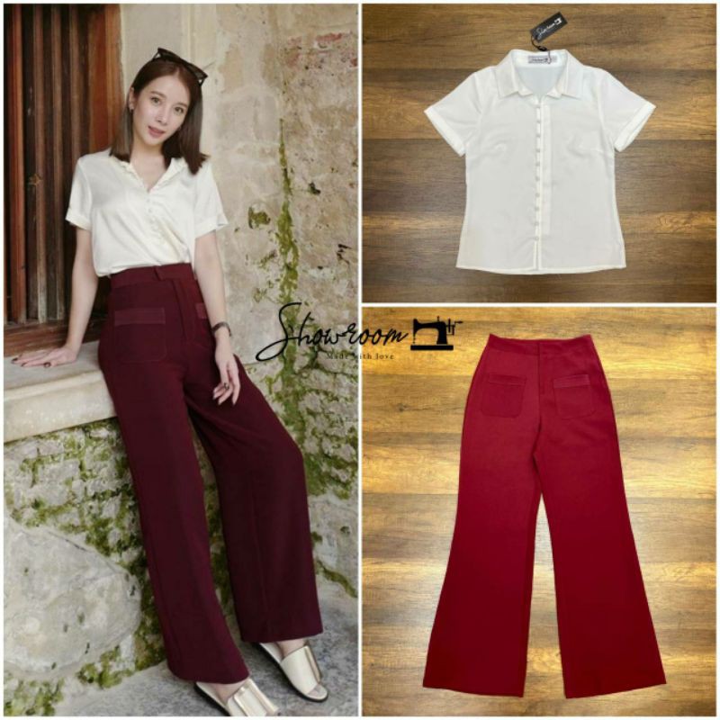 showroom-brand-burgundy-pant-co-ord-set-เซ็ตเสื้อเชิ้ตแขนสั้นกระดุมหน้า-กางเกงขายาว