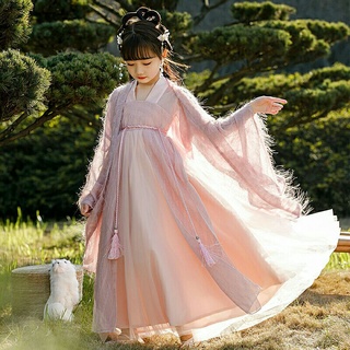 ชุดฮั่นฝูเด็ก Super Fairy สีชมพู ผ้าขน ชุดเดรส ชุดจีนโบราณ Hanfu ประยุกต์ ชุดเด็ก ชุดกระโปรง เสื้อคลุม