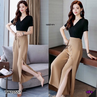 TW10557 Set 2 ชิ้น เสื้อยืดแขนสั้น ยืดเรย่อน + กางเกงทรงเอวสูงขายาว ทรงผ่าสูงทั้ง 2 ข้าง เอวยืดสม็อคหลัง งานผ้าโฟร์เวย์