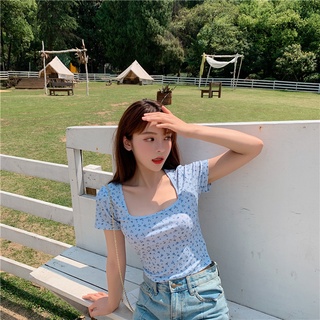 เสื้อยืดแขนสั้น คอสี่เหลี่ยม ลายดอกไม้ สําหรับผู้หญิง