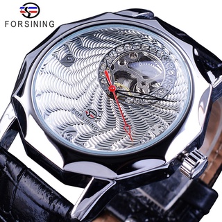 Forsining Fashion Diamond Display Half Skeleton Design Unique Fashion Dial Mens Silver Watches Top Brand Luxury Neutral