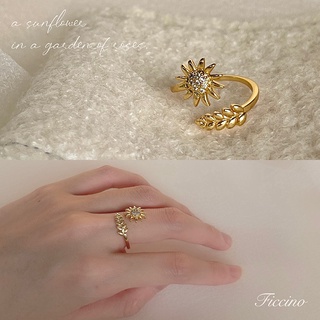 Ficcino แหวนชุบทอง 18k ประดับเพทาย รูปดอกทานตะวัน สําหรับผู้หญิง