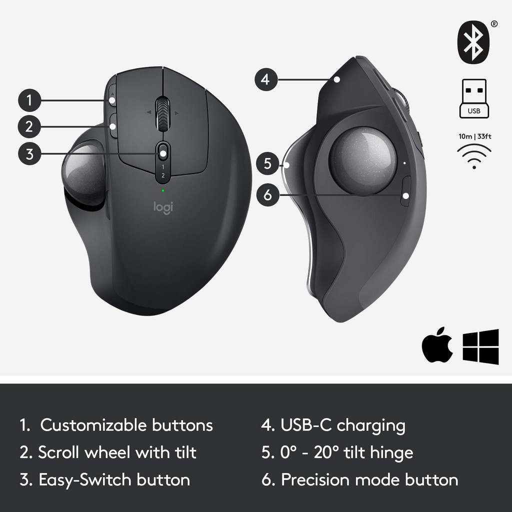 ภาพสินค้าLogitech MX Ergo Wireless Trackball Mouse(เมาส์ไร้สาย บลูทูธแทร็คบอล ลดความเมื่อยล้าตามหลัก ergonomic) จากร้าน mcwinner บน Shopee ภาพที่ 7
