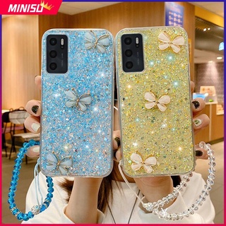 เคสโทรศัพท์มือถือ ซิลิโคนนุ่ม แต่งกลิตเตอร์ เลื่อมผีเสื้อ 3D พร้อมสายคล้องคริสตัล สําหรับ OPPO A16 A16K A15 A15S A57 A77 A76 A96 A36 A54 A74 A94 A55 A95 A93