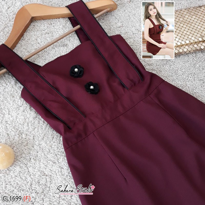 h1699-dress-เดรสสั้นทรงเข้ารูป-สายเอี้ยม-แต่งดอกไม้มุกช่วงอก-หลังสม็อคยืดยางยืด-มีซิปซ่อนหลัง-เอวไม่สม็อค-งานผ้าซาร่า