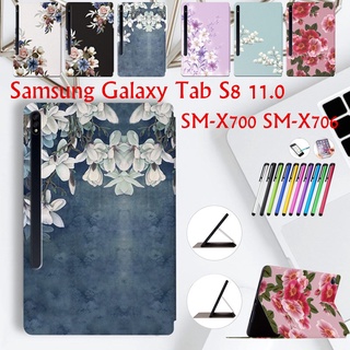 เคสหนัง PU ฝาพับ ลายดอกไม้ สําหรับ Samsung Galaxy Tab S8 11.0 SM-X700 SM-X706