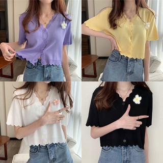 เสื้อครอปแขนสั้น ผ้าถัก ลายดอกเบญจมาศ สไตล์เกาหลี