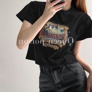 เสื้อครอปท็อป แขนสั้น เอวสูง สีดํา สไตล์วินเทจ อเมริกัน สําหรับผู้หญิง