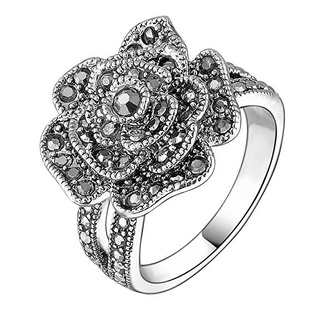 แหวนเงินแท้ 100% 925 รูปดอกกุหลาบ สีดํา สไตล์วินเทจ สําหรับผู้หญิง
