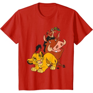 เสื้อยืดผ้าฝ้ายพรีเมี่ยม เสื้อยืด พิมพ์ลาย Disney The Lion King Young Simba Timon and Pumbaa