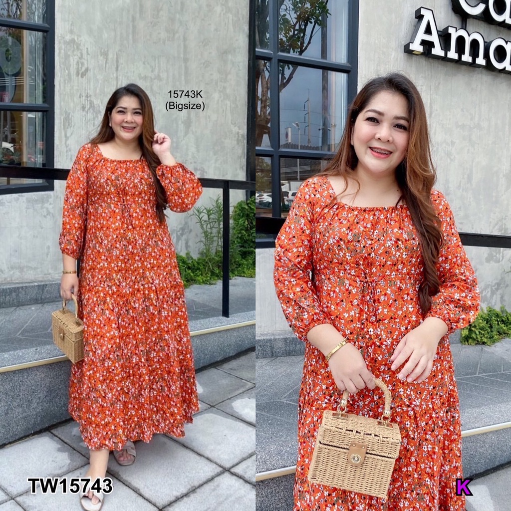 tw15743-dress-bigsize-แขนระบาย-เดรสทรงปล่อยพรางสะโพก-มีเชือกรูดเอว-ผูกปรับได้-ผ้าสปันเนื้อดีทิ้งตัวสวย-นิ่มเบาใส่สบาย