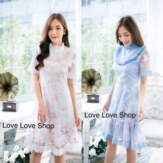 เดรสลูกไม้สั้นมี3สี!!! M-L Mini Dress เดรสแขนสั้นผ้าปักลูกไม้ งานป้าย Love love