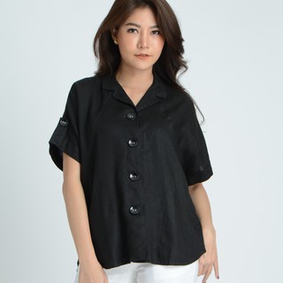 C&amp;D LINEN BLOUSE เสื้อซีแอนด์ดี เสื้อมีปก แขนสั้น ผ้าลินิน สีดำ (CL55BL)