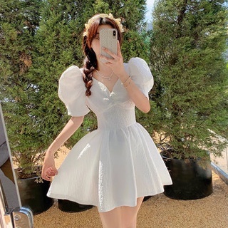 🔥Hot Sale/🌻💞 Cotton Beauty White French Retro Lantern Sleeve Dress Womens New Jacquard V-Neck Waist Short Skirt