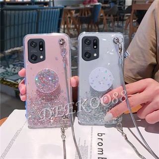 เคสโทรศัพท์มือถือ OPPO Find X5 Pro / X3 Pro สมาร์ทโฟน เคสสายคล้องโซ่ พร้อมขาตั้ง ฝาหลังกลิตเตอร์ดาว TPU Softcase FindX5 X5Pro