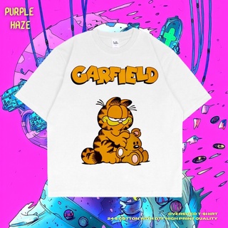 เสื้อยืดผ้าฝ้ายพิมพ์ลายขายดี เสื้อยืด ขนาดใหญ่ พิมพ์ลาย Haze Garfield สีม่วง | สีขาว | เสื้อยืด ลายการ์ตูน | เสื้อยืด ขน