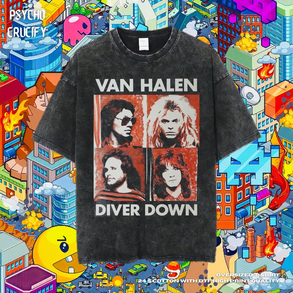 เสื้อยืดโอเวอร์ไซส์เสื้อยืดโอเวอร์ไซซ์-พิมพ์ลาย-psycho-crucify-van-halen-diver-down-หินล้างทําความสะอาด-เสื้อยืด-ขนา