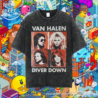 เสื้อยืดโอเวอร์ไซส์เสื้อยืดโอเวอร์ไซซ์ พิมพ์ลาย Psycho Crucify Van Halen Diver Down | หินล้างทําความสะอาด | เสื้อยืด ขนา