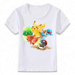 เสื้อยืด พิมพ์ลายโปเกม่อน Squirtle Charmander Bulbasaur and Pikachu สําหรับเด็กผู้ชาย และเด็กผู้หญิง