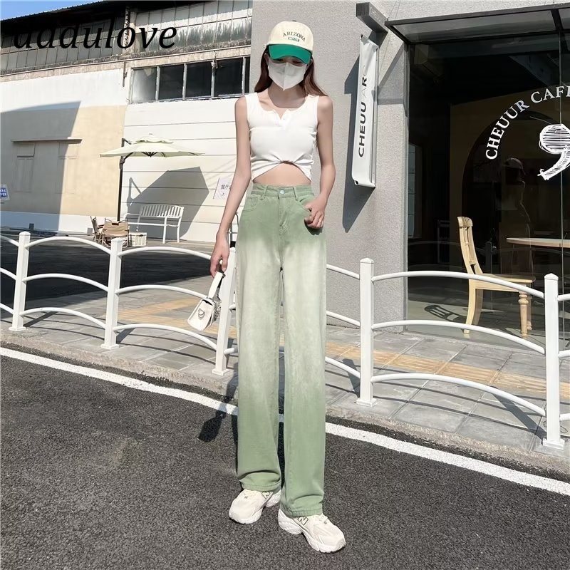 dadulove-new-korean-version-ins-green-gradient-jeans-high-waist-loose-wide-leg-pants-fashion-womens-clothing