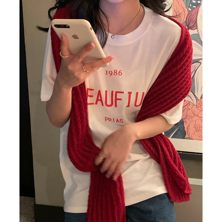 เสื้อยืด-แขนสั้น-พิมพ์ลายตัวอักษร-ทรงหลวม-สําหรับผู้หญิง