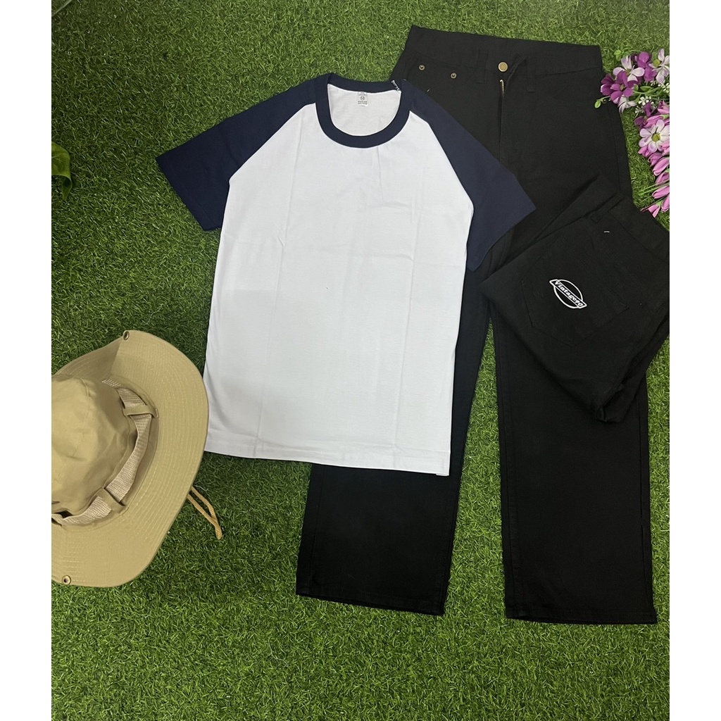เสื้อทูโทนสีพื้นพร้อมกางเกงขากระบอกดำปักป้ายวินเทจ-เซ็ตเสื้อทูโทนพร้อมกางเกงขากระบอกดำ-สไตล์วินเทจ