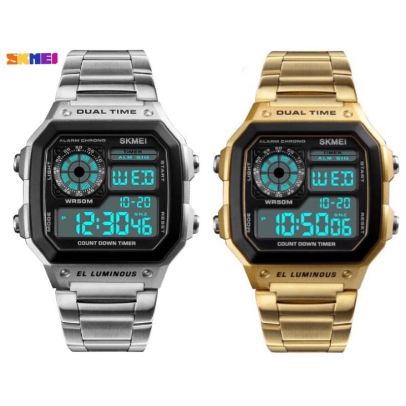 แพคคู่-skmei-1335-นาฬิกาข้อมือดิจิตอล-กันน้ำ-ส่งเร็ว-ตั้งเวลาไทย-ของแท้-100-มีกล่องครบเซ็ท-สีเงินและสีทอง