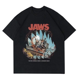 เสื้อยืดผ้าฝ้ายพิมพ์ลายขายดี ผ้าฝ้ายแท้เสื้อยืด ลาย JAWS สไตล์วินเทจ | เสื้อยืด พิมพ์ลายภาพยนตร์ FILM 1975 | เสื้อยืด สี