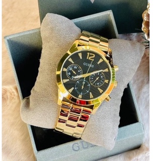 (ผ่อน0%) นาฬิกาสแตนเลสสีทอง หน้าปัดดำ  Guess Womens Skylar Black Dial Stainless Steel Watch หน้าปัด: 42 mm. สายสแตนเลส