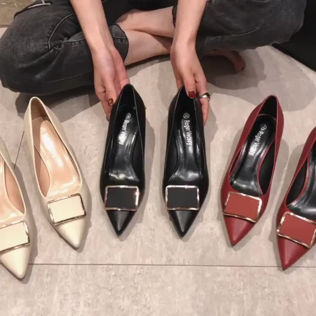 รองเท้าส้นสูงผู้หญิง-2021-ฤดูใบไม้ผลิใหม่ชี้ปากตื้น-stiletto-หัวเข็มขัดสี่เหลี่ยมสาวฝรั่งเศสรองเท้าทำงานสีดำรองเท้าเดียว-women