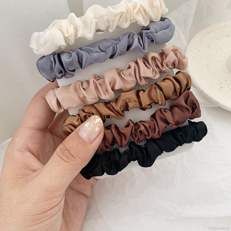 ยางรัดผม-ผ้าซาติน-แบบยืดหยุ่น-สีพื้น-สำหรับผู้หญิง-6-ชิ้น