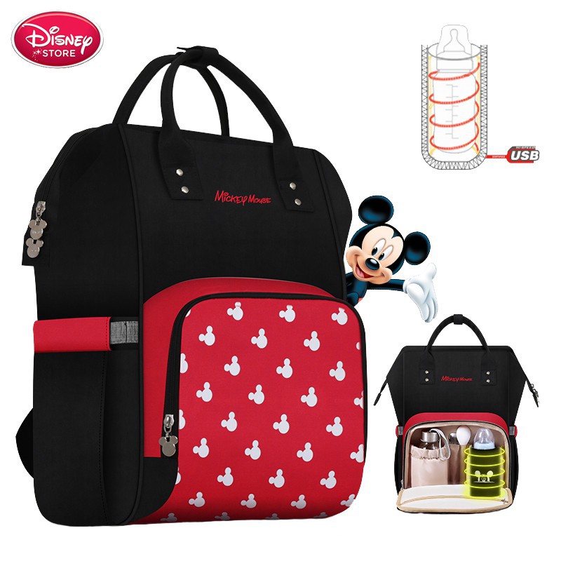 ภาพหน้าปกสินค้าDisney Diaper Bag Backpack USB Bottle Insulation Bags Minnie Mickey Big Capacity Travel Oxford Feeding Baby Mummy Handba