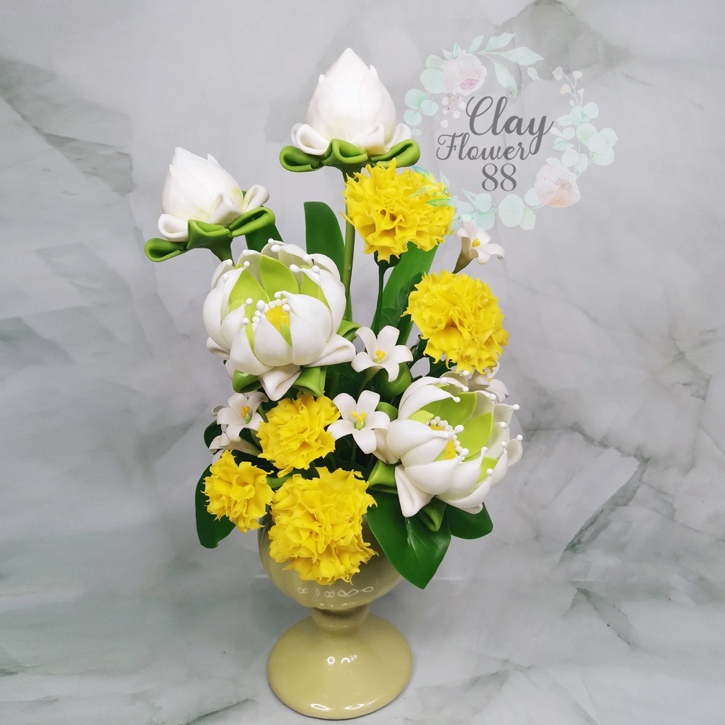 ชุดคู่-แจกัน-ดอกบัวประดิษฐ์-ดอกไม้ไหว้พระ-สูง-11-นิ้ว-ดอกบัวปลอม-ดอกบัวไหว้พระ-ดอกไม้ดินปั้น-จาก-ดินไทย