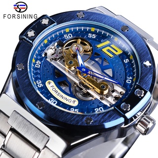 Forsining Mechanical Men Watch Blue Dial Bridge Transparent Analog Steel Band Wristwatch Waterproof Male Clock Relogio M