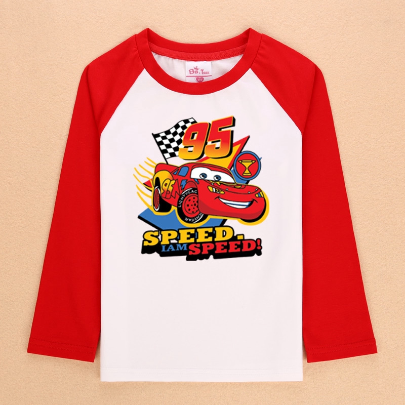 จัดส่งฟรีรถยนต์-lightning-mcqueen-รถ-king-mcqueen-เด็กชายแขนยาวเสื้อยืดเด็กฤดูใบไม้ร่วงท็อปส์รถรูปแบบเสื้อผ้า