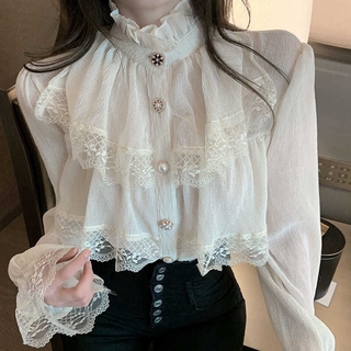 เสื้อชีฟองหญิงฤดูใบไม้ร่วงและฤดูหนาว2021ใหม่หูไม้ฝรั่งเศสยืนปกแขนยาวเสื้อลูกไม้หลวมเย็บเสื้อ【10จัดส่งภายในวัน】