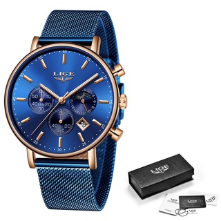 LIGE Women Fashion Blue Quartz Watch Lady Mesh Watchband High Quality Casual Waterproof Wristwatch Moon Phase