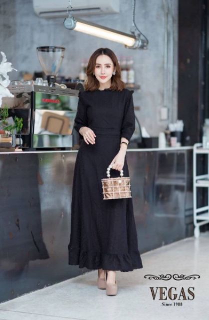 maxi-dress-ผ้าลูกไม้cotton-ฉลุลายสีดำ