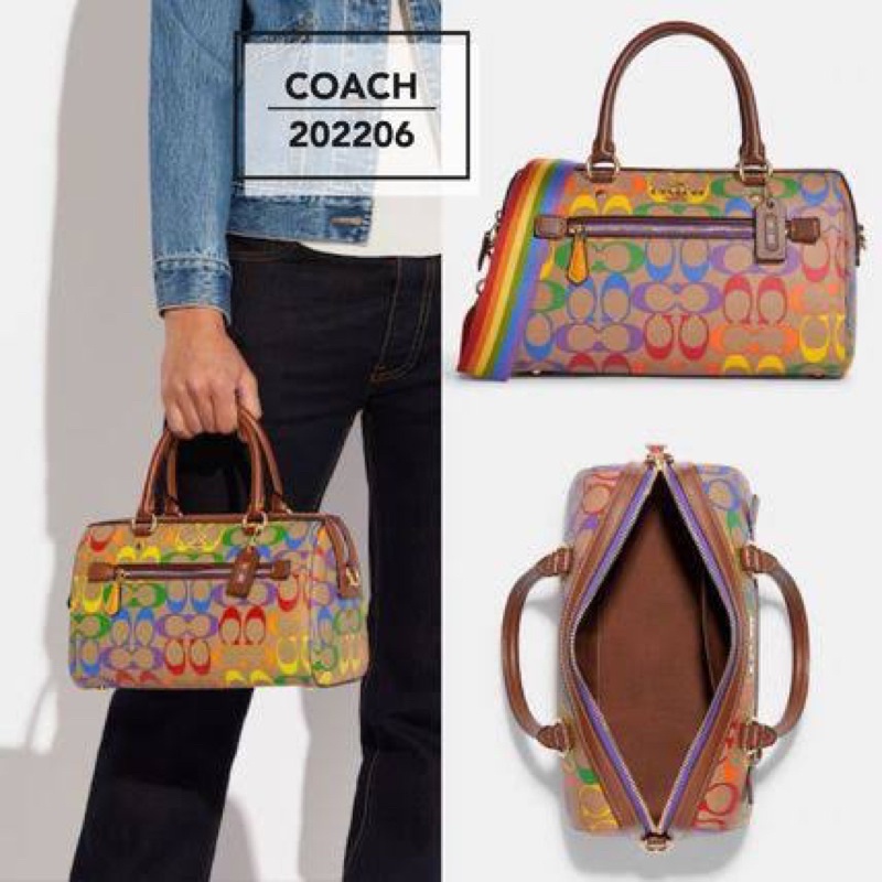 ผ่อน0-กระเป๋าสะพายข้าง-ทรงหมอน-ลายซี-สีรุ้ง-ขนาด-10-นิ้ว-rowan-satchel-in-rainbow-signature-canvas-coach-ca615