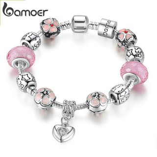 Bamoer สร้อยข้อมือ จี้ดอกซากุระ สีชมพู Murano Glass Charm PA1459