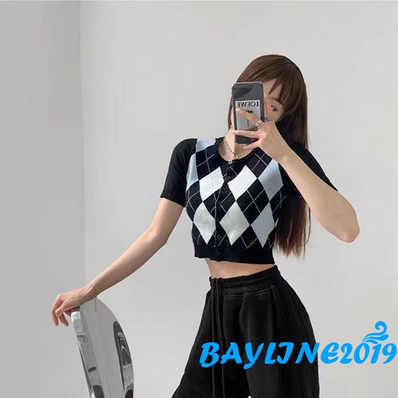 bay-เสื้อคาร์ดิแกนคอกลมแขนสั้นแบบถักสําหรับผู้หญิงพิมพ์ลายกองทัพอาร์กิล