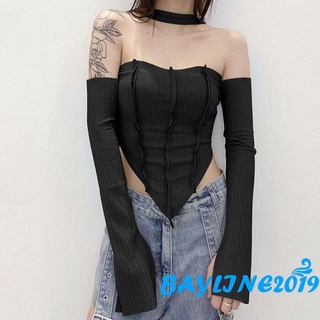 BAY-Women´s Crop Tops, Halter Neck Off Shoulder Long Sleeve Solid Color T-Shirt for Young Ladies