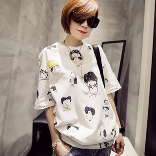 เสื้อยืดคอกลมแขนยาวพิมพ์ลายการ์ตูนสำหรับผู้หญิง