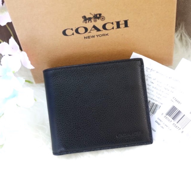 ผ่อน0-กระเป๋าสตางค์-ชาย-แบบมีไส้-coach-compact-id-wallet-f74991-หนังแท้-สีดำ-มีไส้