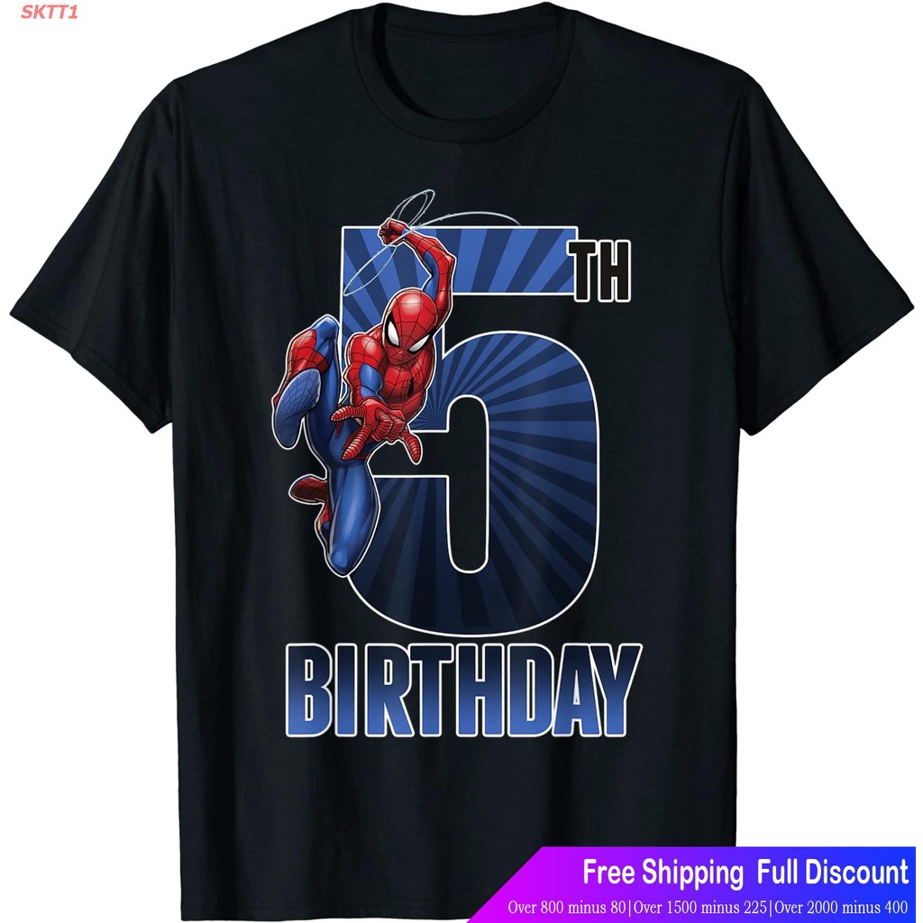 sktt1-เสื้อยืดกีฬา-spider-man-swinging-5th-birthday-graphic-t-shirt-t-shirt-short-sleeve-t-shirts