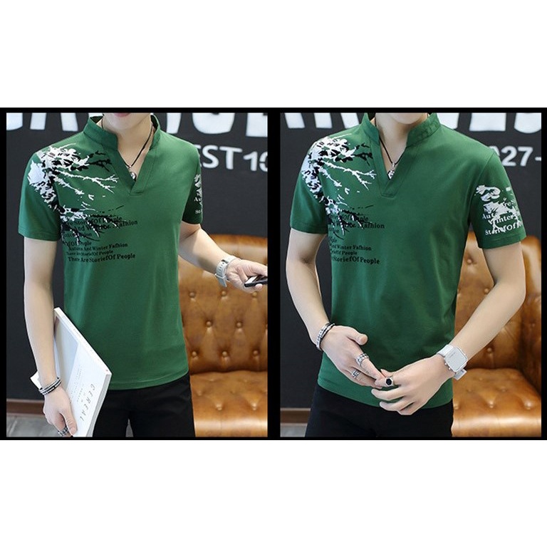 เสื้อยืดแขนสั้นคอจีน-สไตล์เกาหลี-รหัส-v002-สีเขียว